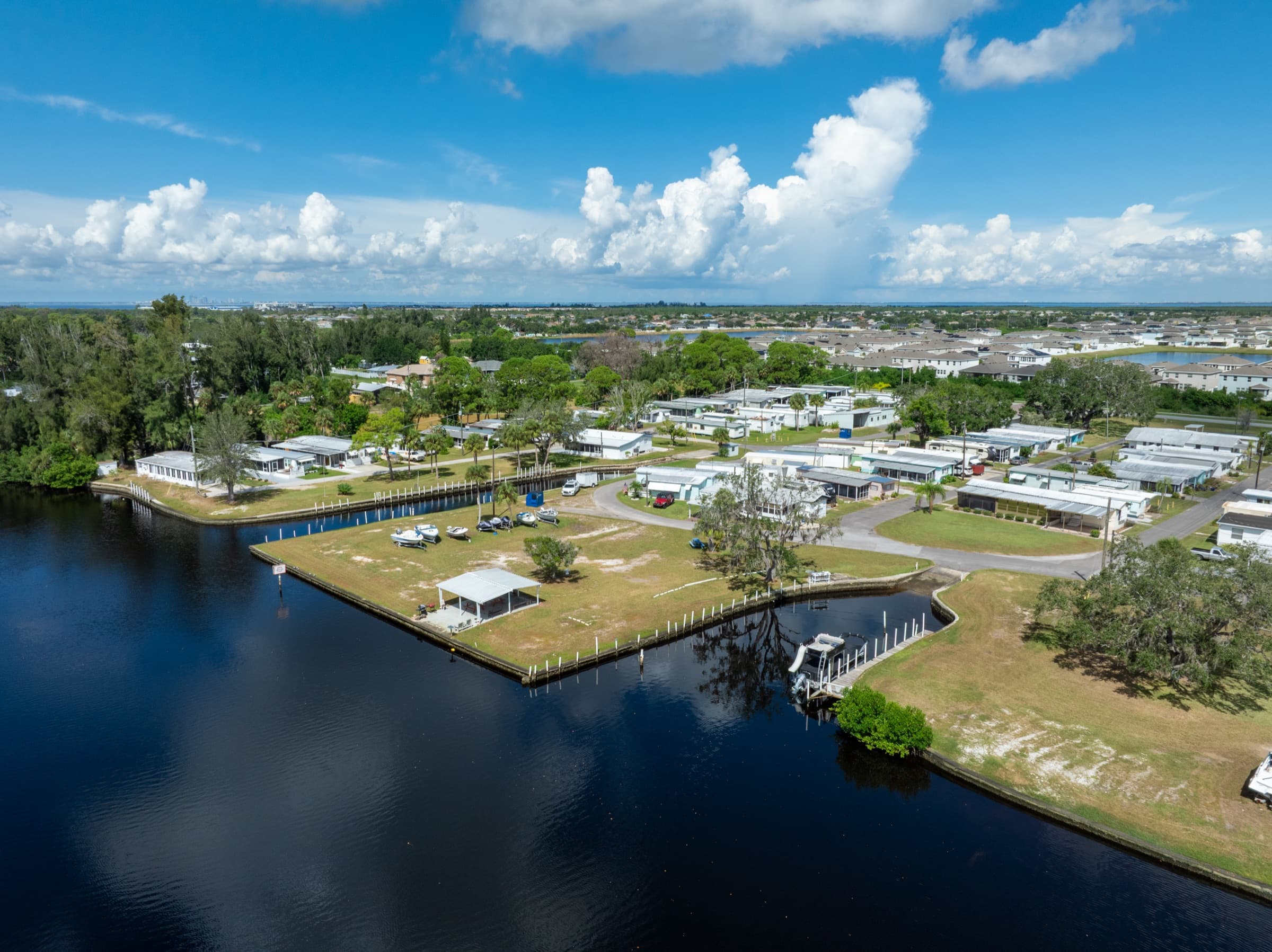 Aerial view of the Sunset Bay community on the canals of Ruskin, Florida